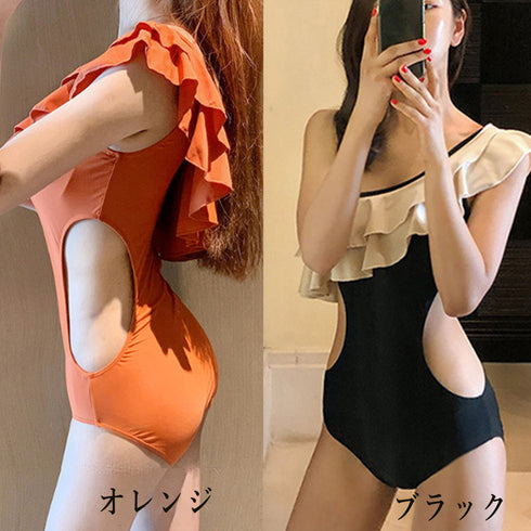 ワンショルダーワンピース水着 レディース 韓国風 フリルビキニ お腹カバー 小胸 セクシー水着 細見せ 体型カバー 水着女子 カットデザイン水着 かわいい 海水浴 2XYX-001
