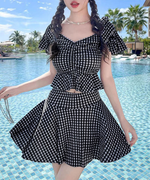 ギンガムチェック水着 レディースタンキニ フリルトップス ハイウエストスカート 体型カバー水着セット 大人可愛い チェック柄セパレート水着 露出控えめ水着ガーリー 2YANLIAO-001