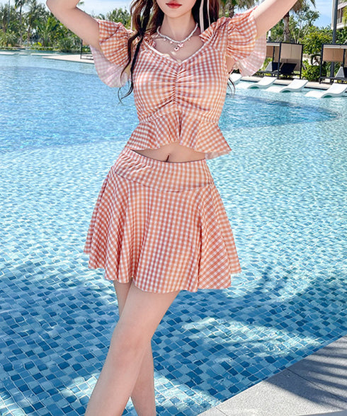 ギンガムチェック水着 レディースタンキニ フリルトップス ハイウエストスカート 体型カバー水着セット 大人可愛い チェック柄セパレート水着 露出控えめ水着ガーリー 2YANLIAO-001