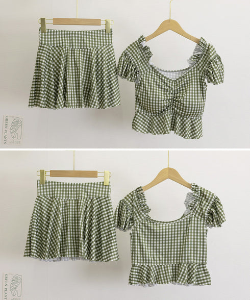 ギンガムチェック水着 レディースタンキニ フリルトップス ハイウエストスカート 体型カバー水着セット 大人可愛い チェック柄セパレート水着 露出控えめ水着ガーリー 2YANLIAO-001