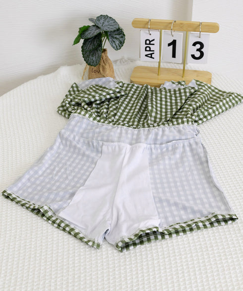 ギンガムチェック水着 レディースタンキニ フリルトップス ハイウエストスカート 体型カバー水着セット 大人可愛い チェック柄セパレート水着 露出控えめ水着ガーリー 2YANLIAO-001