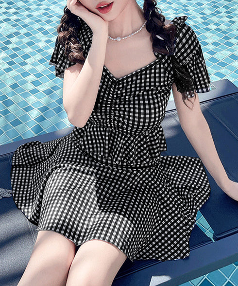 ギンガムチェック水着 レディースタンキニ フリルトップス ハイウエストスカート 体型カバー水着セット 大人可愛い チェック柄セパレート水着 露出控えめ水着ガーリー 2YANLIAO-001