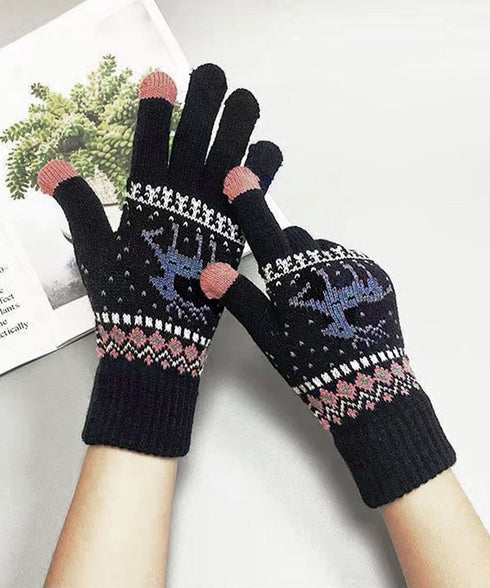 トナカイ柄手袋タッチパネル対応ニット手袋 レディース暖かいジャガード手袋 冷え対策スマホ手袋 鹿柄5本指ニットグローブ通勤通学カップルグローブ秋冬ハンドウォーマー 2YEZHEN-001