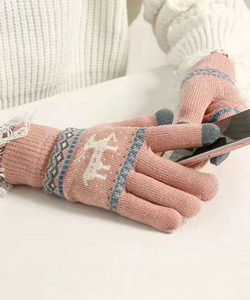 裏起毛トナカイ柄手袋タッチパネル対応手袋 レディース 冷え対策 ジャガードニット手袋 クリスマス 五本指手袋 暖かいニットグローブ アウトドア 大人可愛い手袋保温 2YEZHEN-002