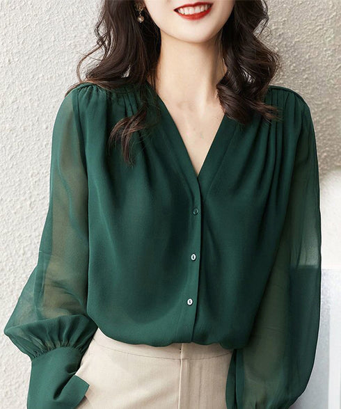 シフォンブラウス 通勤シースルートップス レディース V ネック オフィスOL シャツブラウス 薄手 着やせとろみシャツ 30代40代50代 きれいめブラウス春夏 2YGXUAN-001