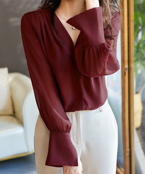 シフォンブラウス 通勤シースルートップス レディース V ネック オフィスOL シャツブラウス 薄手 着やせとろみシャツ 30代40代50代 きれいめブラウス春夏 2YGXUAN-001