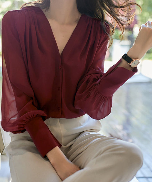 シフォンブラウス 通勤シースルートップス レディース V ネック オフィスOL シャツブラウス 薄手 着やせとろみシャツ 30代40代50代 きれいめブラウス春夏 2YGXUAN-001