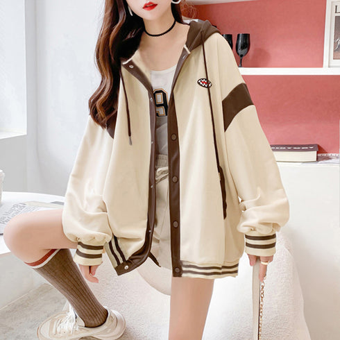 パーカーレディース 春秋薄手 スウェット ゆったり 前開き フード付きトレーナー おしゃれ 韓国 ロゴ長袖トップス バイカラー フーディー 春秋アウター体型カバー 2YIGULI-002
