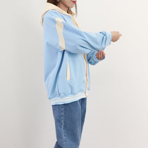 パーカーレディース 春秋薄手 スウェット ゆったり 前開き フード付きトレーナー おしゃれ 韓国 ロゴ長袖トップス バイカラー フーディー 春秋アウター体型カバー 2YIGULI-002