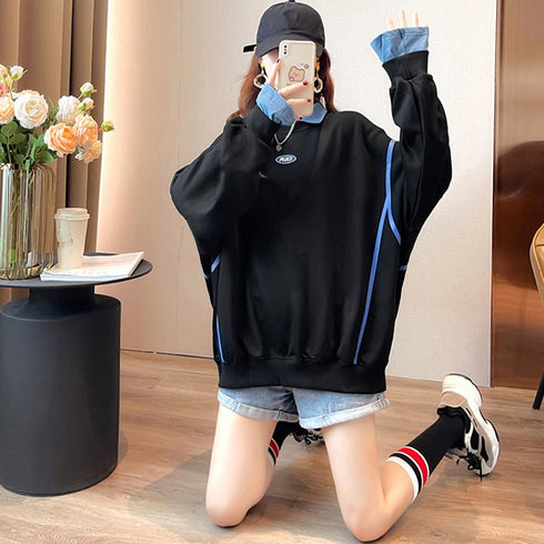 レイヤード風 スウェット 薄手トレーナー レディース 重ね着風 長袖プルオーバー おしゃれ ロゴ チュニックロンt 体型カバービッグスウェットシャツ ゆるトップス 2YIGULI-004