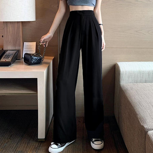 ドレープストレートパンツ レディース美脚 低身長向け セミワイドパンツ タック入り ウエストゴムイージーパンツ スリム体型 ハイウエスト韓国ボトムス カジュアル 2YIGULI-011