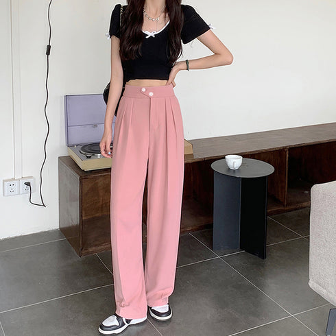 ドレープストレートパンツ レディース美脚 低身長向け セミワイドパンツ タック入り ウエストゴムイージーパンツ スリム体型 ハイウエスト韓国ボトムス カジュアル 2YIGULI-011