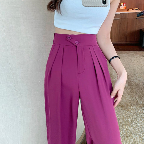 ドレープストレートパンツ レディース美脚 低身長向け セミワイドパンツ タック入り ウエストゴムイージーパンツ スリム体型 ハイウエスト韓国ボトムス カジュアル 2YIGULI-011