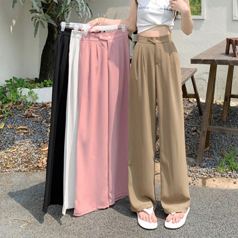 ドレープストレートパンツ レディース美脚 低身長向け セミワイドパンツ タック入り ウエストゴムイージーパンツ スリム体型 ハイウエスト韓国ボトムス カジュアル 2YIGULI-011