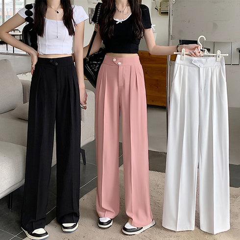 ドレープストレートパンツ レディース美脚 低身長向け セミワイドパンツ タック入り ウエストゴムイージーパンツ スリム体型 ハイウエスト韓国ボトムス カジュアル 2YIGULI-011