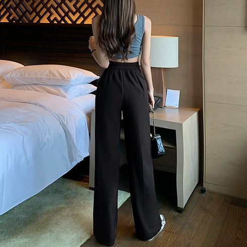 ドレープストレートパンツ レディース美脚 低身長向け セミワイドパンツ タック入り ウエストゴムイージーパンツ スリム体型 ハイウエスト韓国ボトムス カジュアル 2YIGULI-011