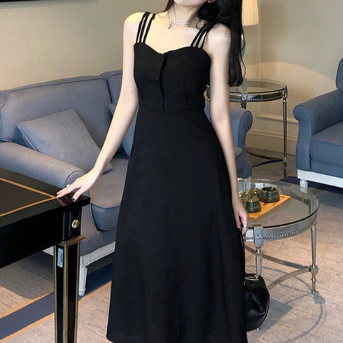 韓国風 キャミワンピース レディース 夏 セクシーワンピース ハイウエストワンピース 細見え aライン 膝丈ワンピース きれいめノースリーブ ワンピース黒 着やせ 2YIGULI-013