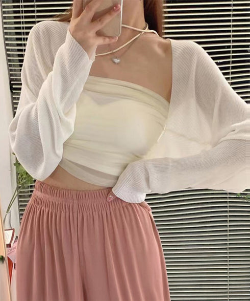 サマーカーディガン長袖ショート丈 ボレロ レディース クロップド丈 リブニットカーディガン 冷感タッチ 夏トップス 紫外線対策 サマーニット カジュアル おしゃれ 2YIGULI-017