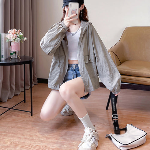 軽アウター レディース 薄手ブルゾン 夏 韓国ジップパーカー 長袖 サマーカーディガン おしゃれ フード付き ライトブルゾン 夏トップス 透け感 カジュアル羽織り 2YIGULI-018