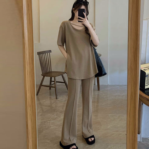 セットアップ レディース 夏服体型カバー ゆったり アンサンブル 着やせ おしゃれ 半袖カットソー フレアパンツ 冷感タッチ 上下セット 無地 韓国 ハイウエスト 2YIGULI-019