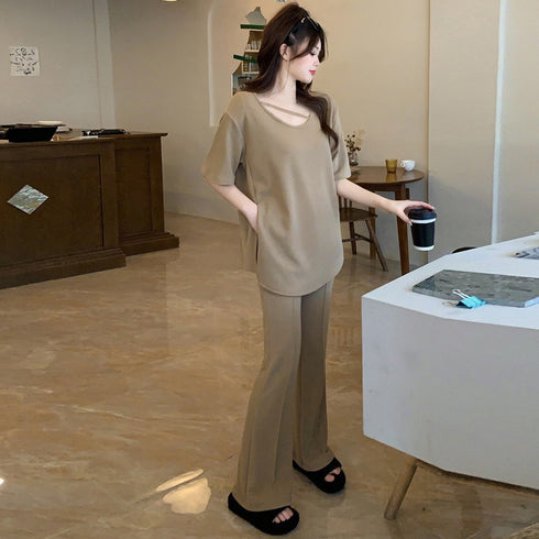 セットアップ レディース 夏服体型カバー ゆったり アンサンブル 着やせ おしゃれ 半袖カットソー フレアパンツ 冷感タッチ 上下セット 無地 韓国 ハイウエスト 2YIGULI-019