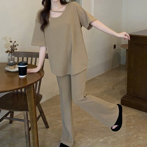 セットアップ レディース 夏服体型カバー ゆったり アンサンブル 着やせ おしゃれ 半袖カットソー フレアパンツ 冷感タッチ 上下セット 無地 韓国 ハイウエスト 2YIGULI-019