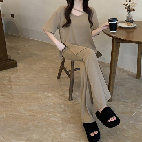 セットアップ レディース 夏服体型カバー ゆったり アンサンブル 着やせ おしゃれ 半袖カットソー フレアパンツ 冷感タッチ 上下セット 無地 韓国 ハイウエスト 2YIGULI-019