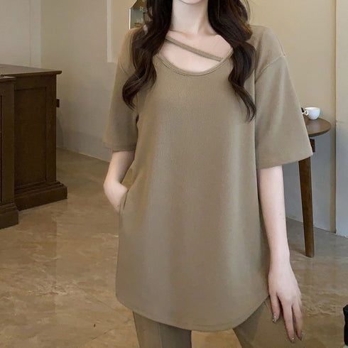 セットアップ レディース 夏服体型カバー ゆったり アンサンブル 着やせ おしゃれ 半袖カットソー フレアパンツ 冷感タッチ 上下セット 無地 韓国 ハイウエスト 2YIGULI-019