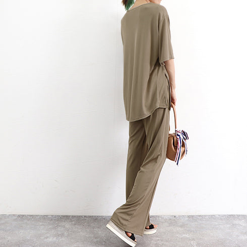 セットアップ レディース 夏服体型カバー ゆったり アンサンブル 着やせ おしゃれ 半袖カットソー フレアパンツ 冷感タッチ 上下セット 無地 韓国 ハイウエスト 2YIGULI-019