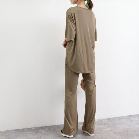 セットアップ レディース 夏服体型カバー ゆったり アンサンブル 着やせ おしゃれ 半袖カットソー フレアパンツ 冷感タッチ 上下セット 無地 韓国 ハイウエスト 2YIGULI-019
