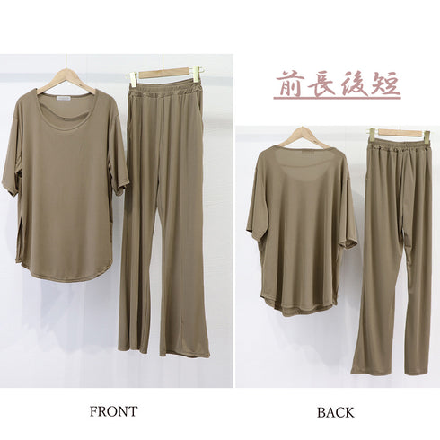セットアップ レディース 夏服体型カバー ゆったり アンサンブル 着やせ おしゃれ 半袖カットソー フレアパンツ 冷感タッチ 上下セット 無地 韓国 ハイウエスト 2YIGULI-019