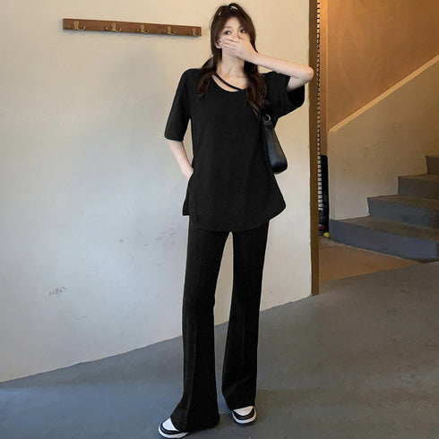 セットアップ レディース 夏服体型カバー ゆったり アンサンブル 着やせ おしゃれ 半袖カットソー フレアパンツ 冷感タッチ 上下セット 無地 韓国 ハイウエスト 2YIGULI-019