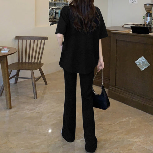 セットアップ レディース 夏服体型カバー ゆったり アンサンブル 着やせ おしゃれ 半袖カットソー フレアパンツ 冷感タッチ 上下セット 無地 韓国 ハイウエスト 2YIGULI-019