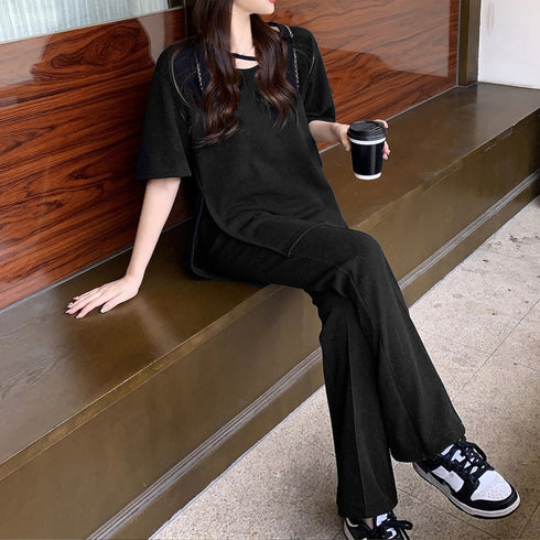 セットアップ レディース 夏服体型カバー ゆったり アンサンブル 着やせ おしゃれ 半袖カットソー フレアパンツ 冷感タッチ 上下セット 無地 韓国 ハイウエスト 2YIGULI-019