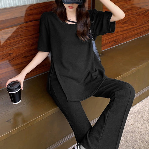 セットアップ レディース 夏服体型カバー ゆったり アンサンブル 着やせ おしゃれ 半袖カットソー フレアパンツ 冷感タッチ 上下セット 無地 韓国 ハイウエスト 2YIGULI-019