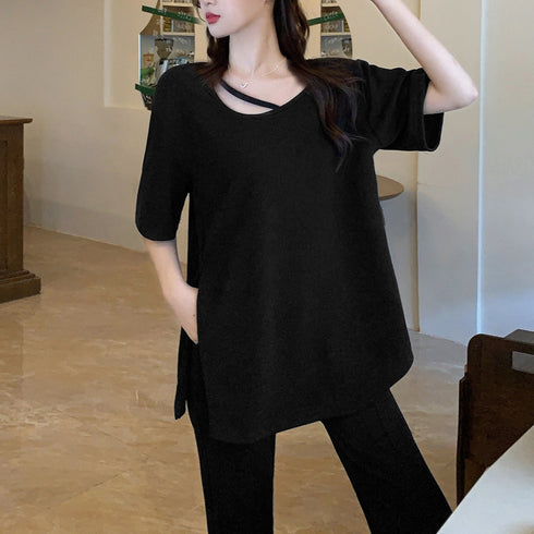 セットアップ レディース 夏服体型カバー ゆったり アンサンブル 着やせ おしゃれ 半袖カットソー フレアパンツ 冷感タッチ 上下セット 無地 韓国 ハイウエスト 2YIGULI-019