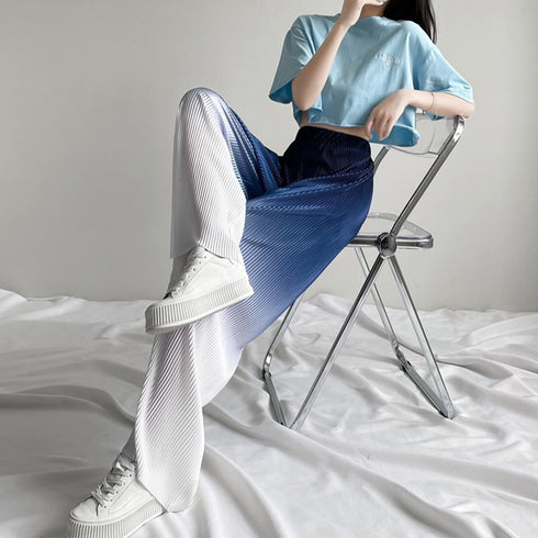 ワイドパンツ グラデーションパンツ 韓国 ハイウエスト ボトムス 冷感タッチ プリーツパンツ レディース ストレートフルレングス 涼し気 体型カバーイージーパンツ 2YIGULI-020
