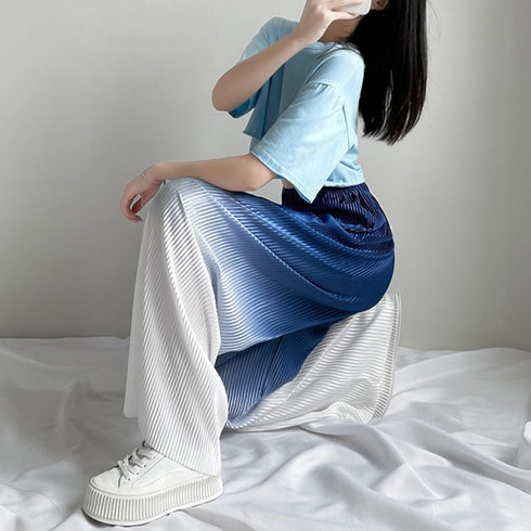 ワイドパンツ グラデーションパンツ 韓国 ハイウエスト ボトムス 冷感タッチ プリーツパンツ レディース ストレートフルレングス 涼し気 体型カバーイージーパンツ 2YIGULI-020