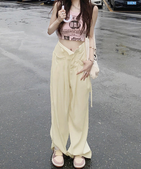 ワイドパンツレディースハイウエスト韓国風 イージーパンツ 体型カバー おしゃれロングパンツ ストリート ゆったり カジュアル ボトムス タック入り スラックス無地 2YIGULI-022