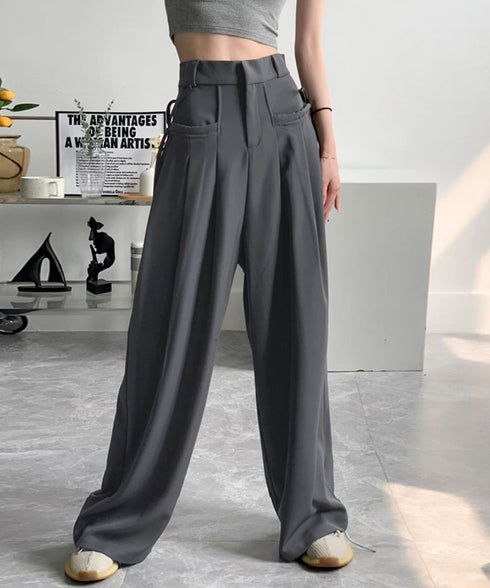 ワイドパンツレディースハイウエスト韓国風 イージーパンツ 体型カバー おしゃれロングパンツ ストリート ゆったり カジュアル ボトムス タック入り スラックス無地 2YIGULI-022
