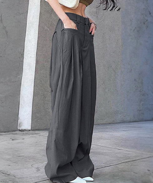 ワイドパンツレディースハイウエスト韓国風 イージーパンツ 体型カバー おしゃれロングパンツ ストリート ゆったり カジュアル ボトムス タック入り スラックス無地 2YIGULI-022