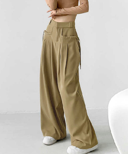 ワイドパンツレディースハイウエスト韓国風 イージーパンツ 体型カバー おしゃれロングパンツ ストリート ゆったり カジュアル ボトムス タック入り スラックス無地 2YIGULI-022