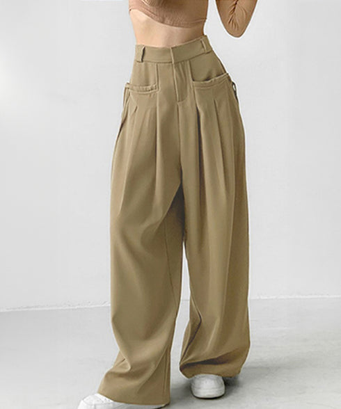 ワイドパンツレディースハイウエスト韓国風 イージーパンツ 体型カバー おしゃれロングパンツ ストリート ゆったり カジュアル ボトムス タック入り スラックス無地 2YIGULI-022