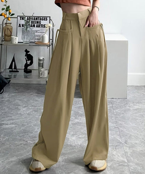 ワイドパンツレディースハイウエスト韓国風 イージーパンツ 体型カバー おしゃれロングパンツ ストリート ゆったり カジュアル ボトムス タック入り スラックス無地 2YIGULI-022