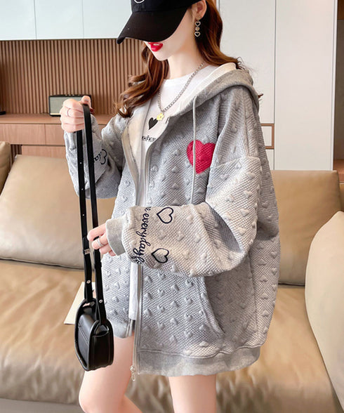 ジップパーカーレディース 春秋スウェット ゆったり 前開き フード付きトレーナー エンボス加工 ゆるアウター韓国 長袖トップス フーディー体型カバーライトアウター 2YIGULI-024
