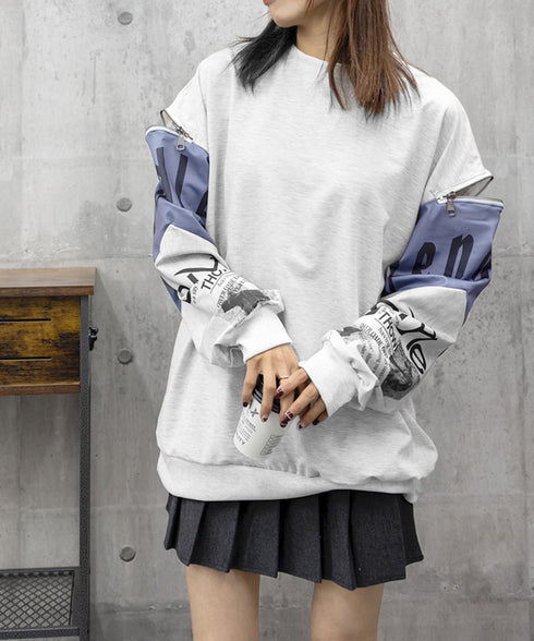 トレーナー レディース おしゃれtシャツ ロゴトレーナー長袖 ビッグtシャツ 袖ジッパー オーバーサイズロンt クルーネック 体型カバートップス 着やせ 薄手春服 2YIGULI-028