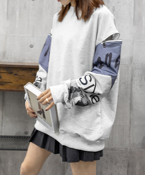 トレーナー レディース おしゃれtシャツ ロゴトレーナー長袖 ビッグtシャツ 袖ジッパー オーバーサイズロンt クルーネック 体型カバートップス 着やせ 薄手春服 2YIGULI-028