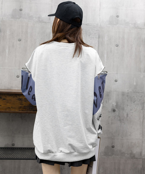 トレーナー レディース おしゃれtシャツ ロゴトレーナー長袖 ビッグtシャツ 袖ジッパー オーバーサイズロンt クルーネック 体型カバートップス 着やせ 薄手春服 2YIGULI-028