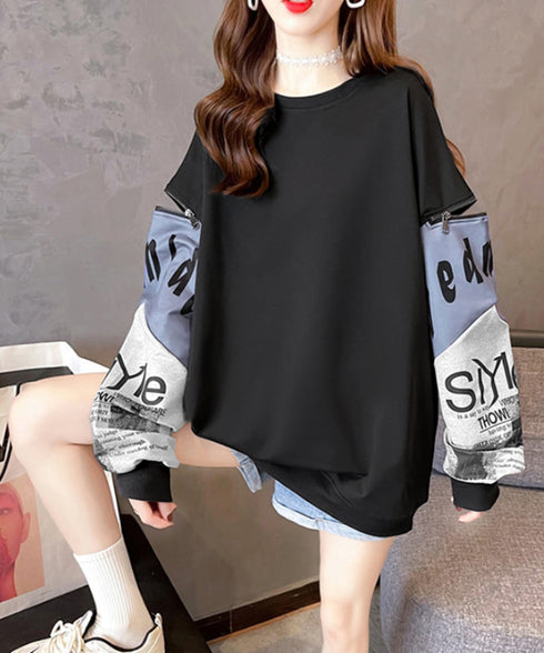 トレーナー レディース おしゃれtシャツ ロゴトレーナー長袖 ビッグtシャツ 袖ジッパー オーバーサイズロンt クルーネック 体型カバートップス 着やせ 薄手春服 2YIGULI-028