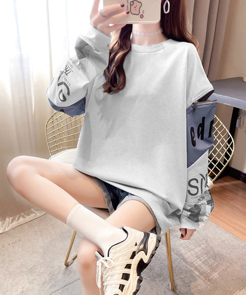トレーナー レディース おしゃれtシャツ ロゴトレーナー長袖 ビッグtシャツ 袖ジッパー オーバーサイズロンt クルーネック 体型カバートップス 着やせ 薄手春服 2YIGULI-028